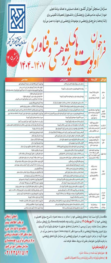فراخوان اولویت های پژوهشی و فناوری 1407-1404 سازمان سنجش آموزش کشور